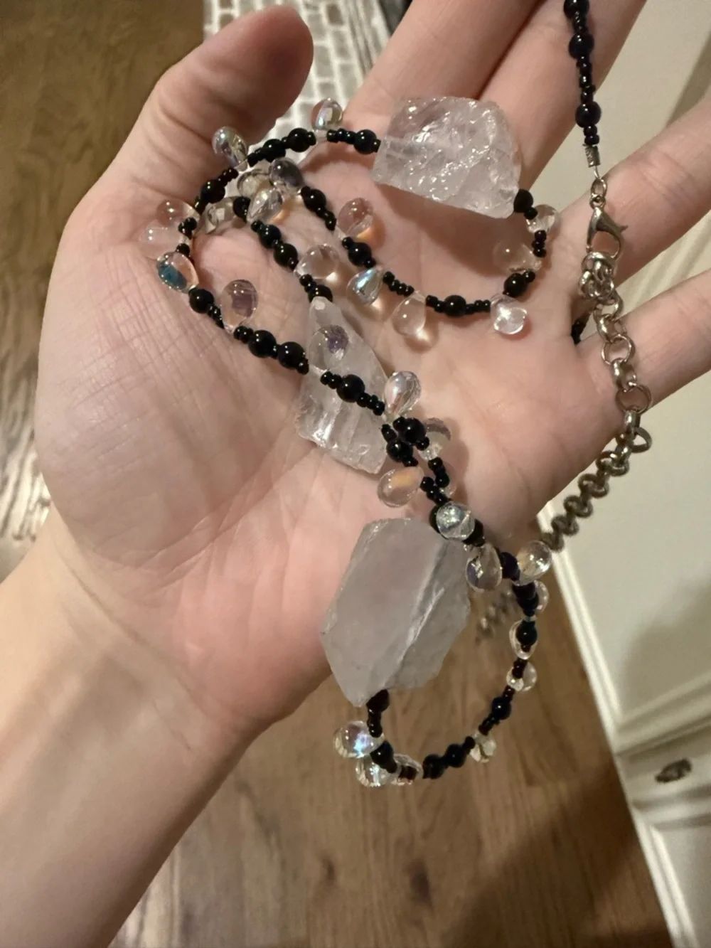 Long Black Beaded Necklace With Rock Crystal and Iridescent Beading